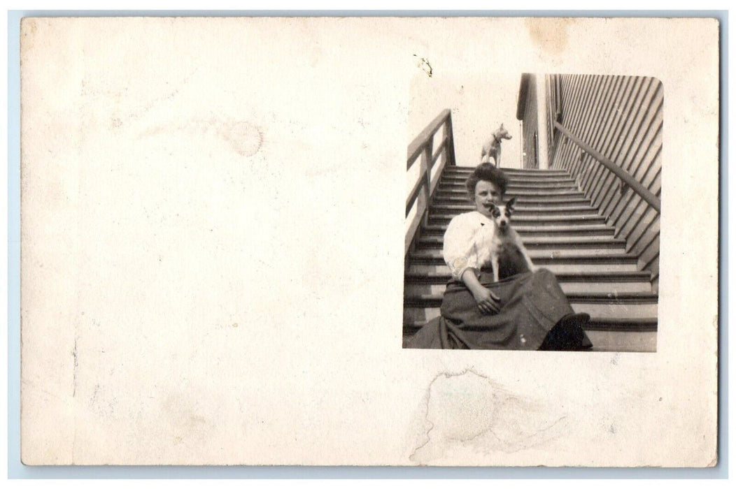 c1910's Terrier Dog Woman Sitting In Stairs RPPC Photo Unposted Antique Postcard