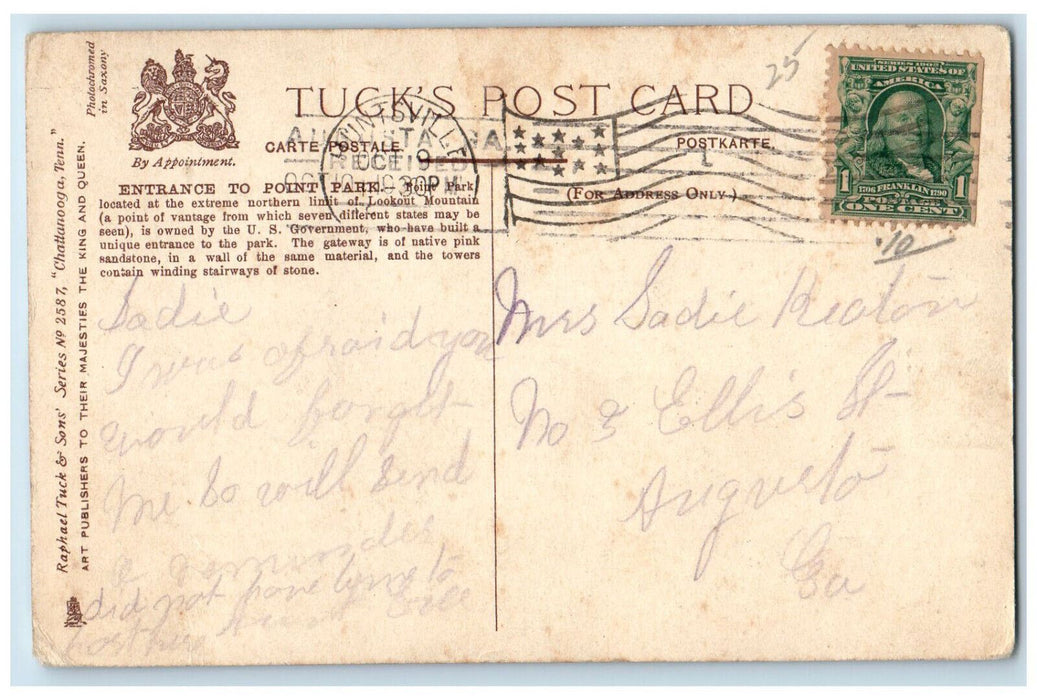c1910 Entrance to Point Park Chattanooga Tennessee TN Posted Tuck Art Postcard