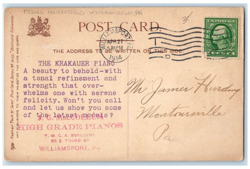 1914 John Harvard Statue Piano Advertising Williamsport PA Tuck Art Postcard