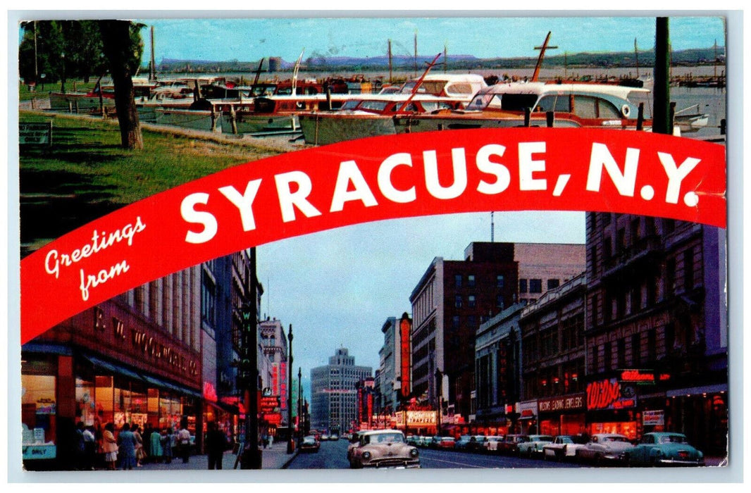 1962 Greetings from Syracuse NY Banner South Salita Street Multiview Postcard
