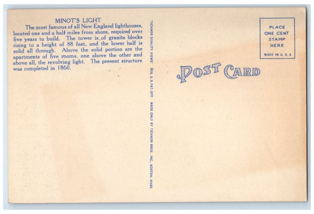 c1940's Minot's Light Massachusetts Bay Massachusetts MA Vintage Postcard