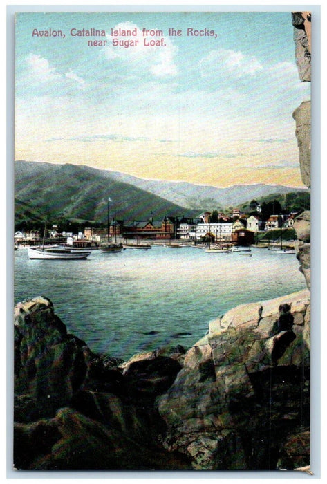 c1910 Avalon Catalina Island Rocks Sugar Loaf Boating Fish Los Angeles Postcard
