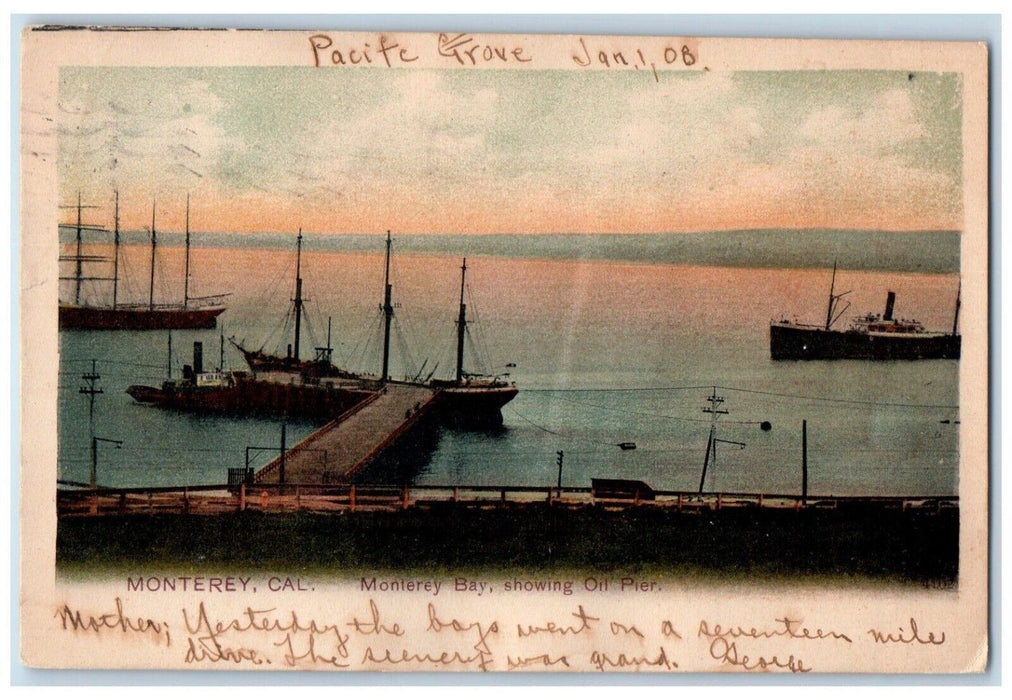 1908 Monterey Bay Showing Oil Pier Dock Steamer Monterey California PCK Postcard