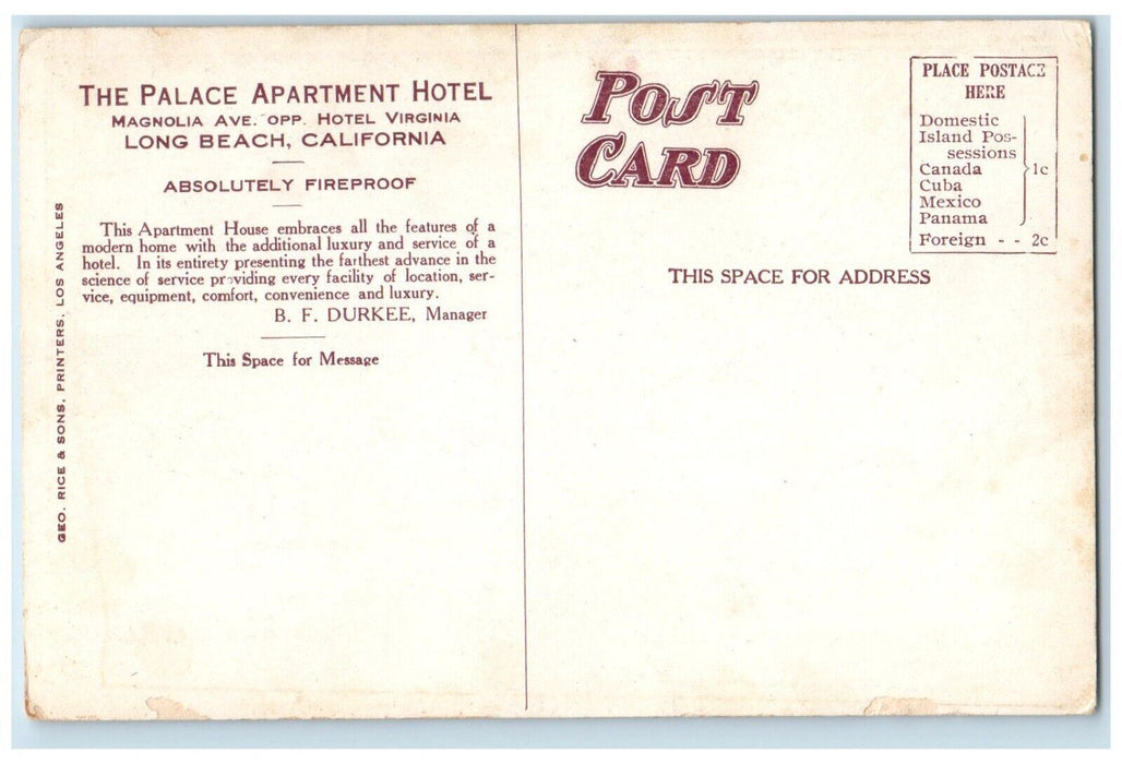 c1920 Palace Apartment Hotel Exterior Virginia Long Beach California CA Postcard