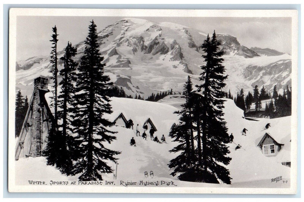 Winter Sports At Paradise Inn Rainier National Park WA RPPC Photo Postcard