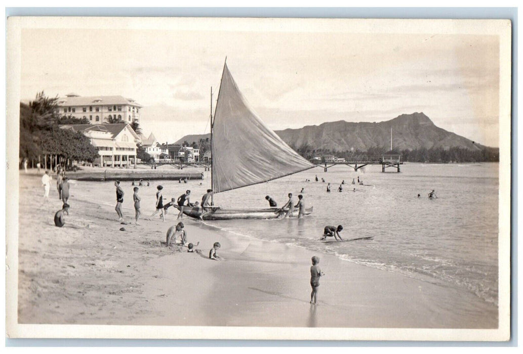 c1930's Waikiki Beach Hawaii Moana Hotel Honolulu Outrigger RPPC Photo Postcard