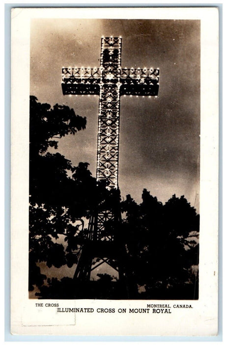 Illuminated Cross On Mount Royal Montreal Canada RPPC Photo Antique Postcard