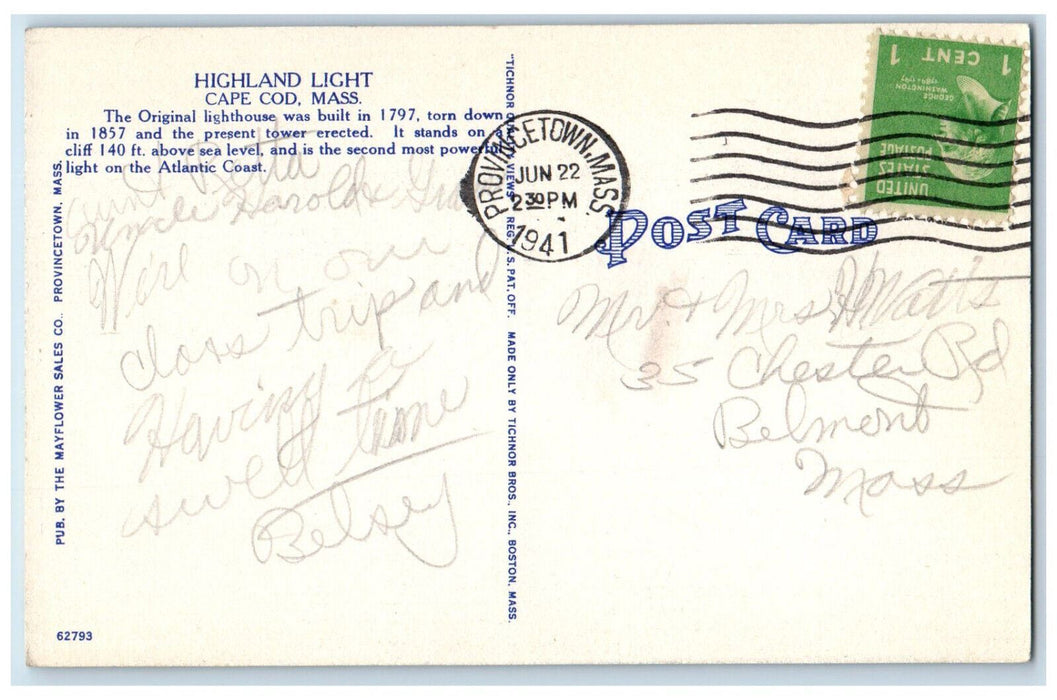 1941 Highland Lighthouse Cape Cod Massachusetts MA Vintage Posted Postcard