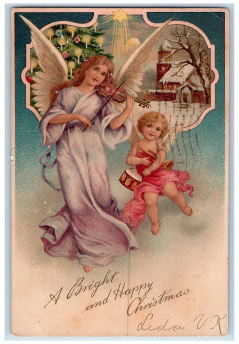 1904 Christmas Tree Angel Playing Violin Drummer Winter Snow Tuck's Postcard