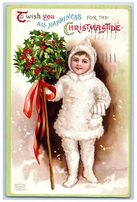 Christmas Girl Holly Berries Ellen Clapsaddle Artist Signed Embossed Postcard