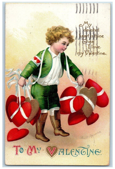 Valentine Boy Carrying Hearts Ellen Clapsaddle Artist Signed Embossed Postcard