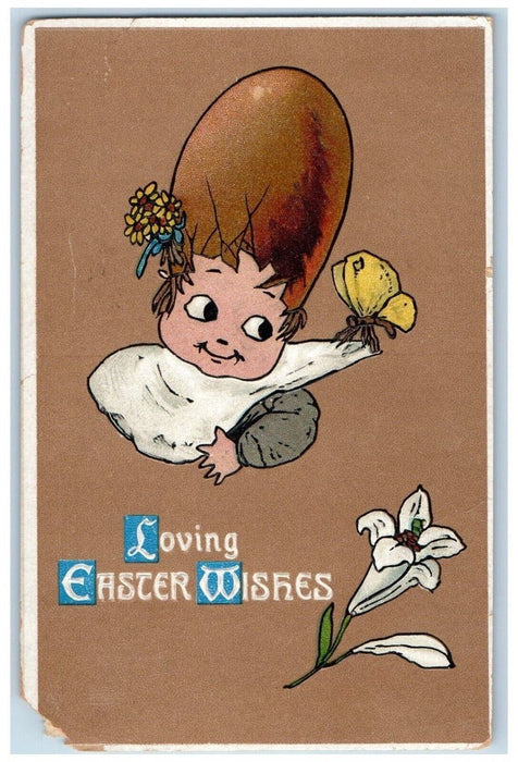 1914 Easter Wishes Baby Bib Egg Flowers Butterfly Clapsaddle Postcard