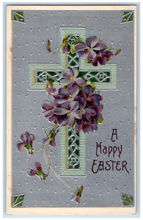 c1910's Easter Holy Cross Purple Pansies Flowers Embossed Antique Postcard