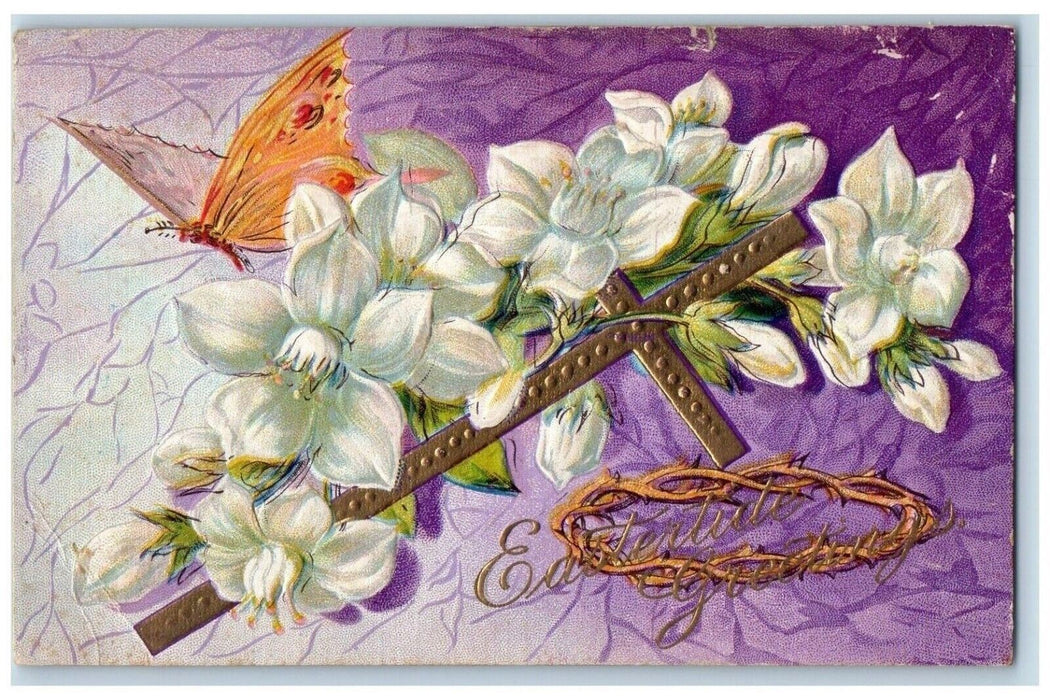 c1910's Easter Holy Cross White Lily Flowers Crown Butterfly Embossed Postcard