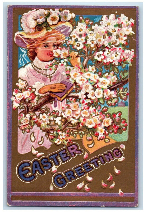 1910 Easter Greetings Girl Rosary Necklace Smells Flowers Antique Postcard