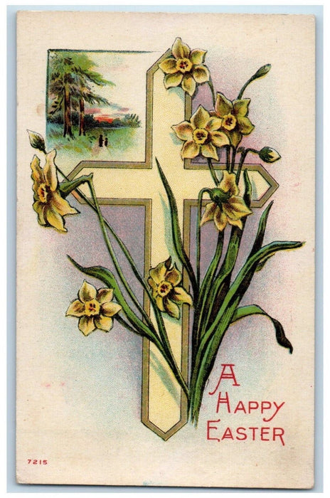 c1910's Happy Easter Holy Cross Yellow Flowers Posted Antique Postcard