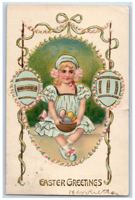 1908 Easter Greetings Girl Egg Basket Flowers Embossed Posted Antique Postcard