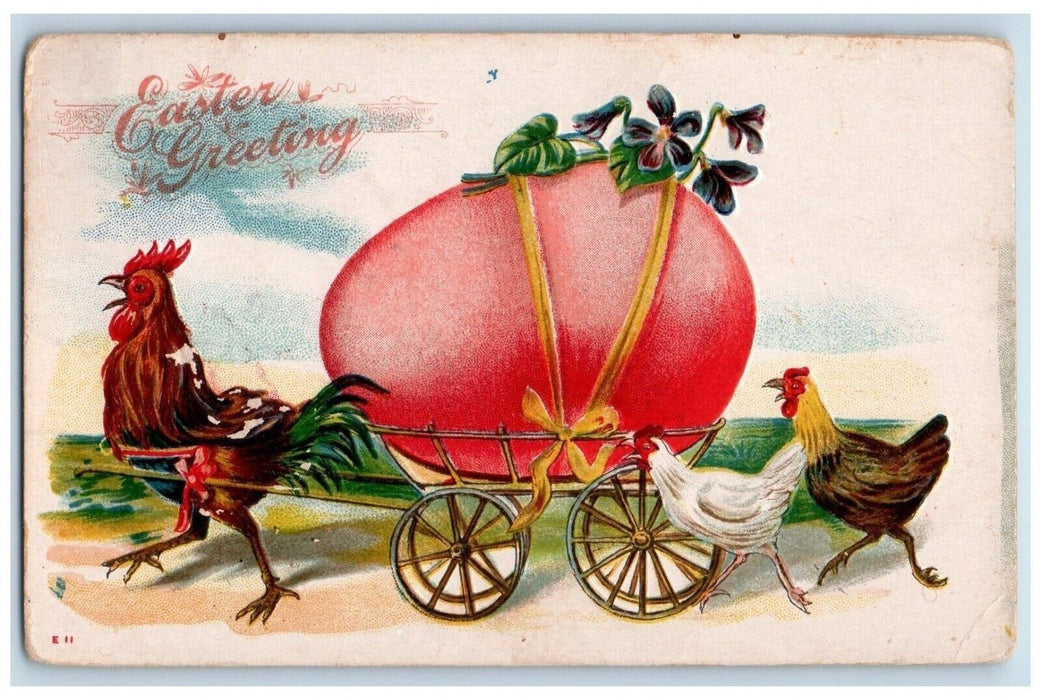 c1910's Easter Greetings Rooster Pulling Cart Giant Egg Chicken Antique Postcard