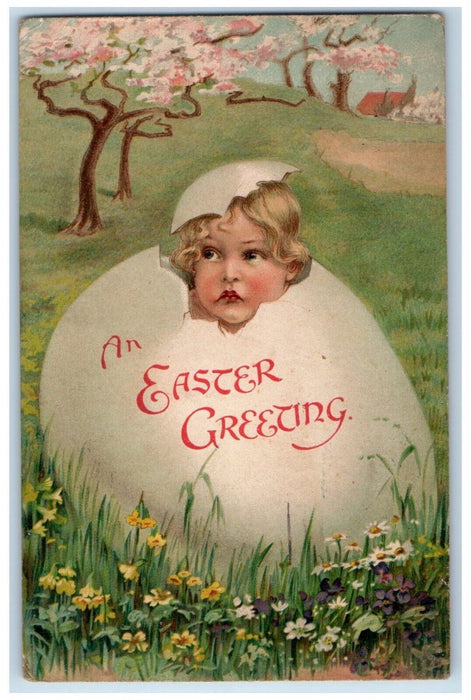 1910 Easter Greetings Little Girl In Hatched Giant Egg Blossom Tree Postcard