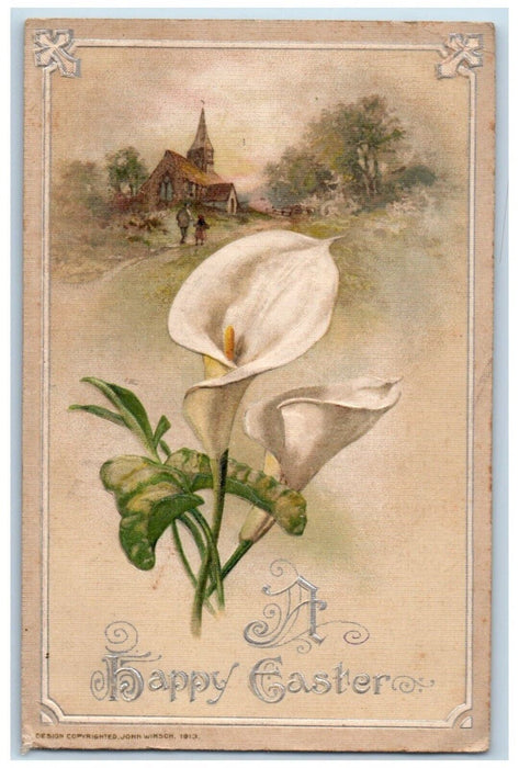 1914 Happy Easter White Flowers House John Winsch Artist Signed Antique Postcard