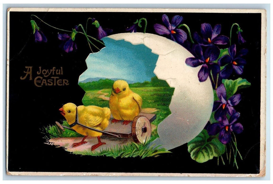 c1910's Easter Chick Pulling Wagon Hatched Egg Pansies Flowers Gel Postcard
