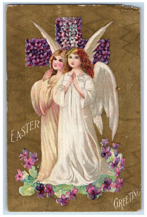 1909 Easter Greetings Holy Cross Angels Pansies Flowers Baltimore MA Postcard