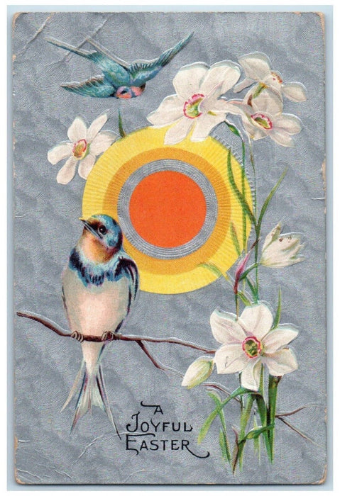 c1910's Joyful Easter White Flowers Birds Bluejay Embossed Antique Postcard