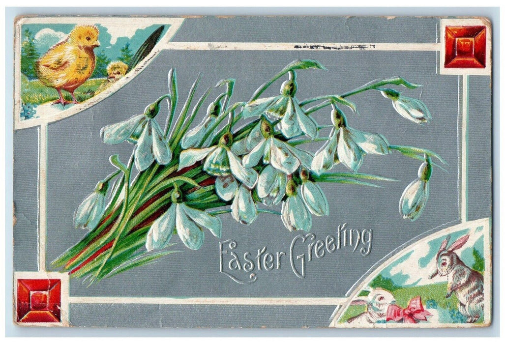 1910 Easter Greeting Flowers Chicks Bunny Rabbit Embossed Roanoke VA Postcard