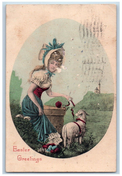 1909 Easter Greetings Pretty Girl Lamb Egg Basket Tyrone PA Antique Postcard