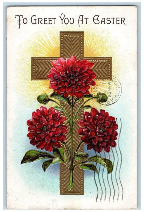 c1910's Easter Holy Gold Cross And Red Flowers Wiarton Ontario Canada Postcard