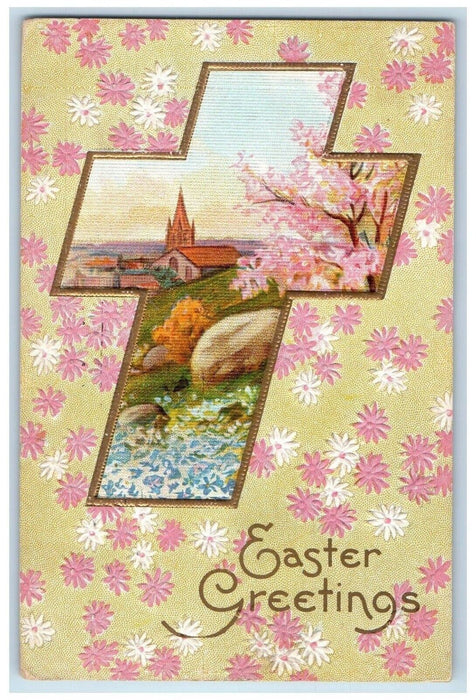1915 Easter Greetings Holy Cross Flowers Embossed Providence RI Antique Postcard