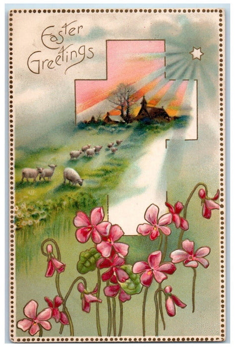 c1910's Easter Greetings Cross Sheep Red Flowers Embossed Antique Postcard