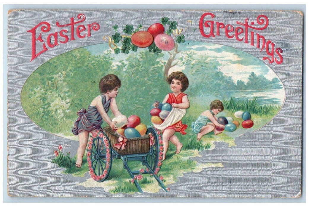 1912 Easter Greetings Childrens Collecting Eggs Cart Embossed Antique Postcard
