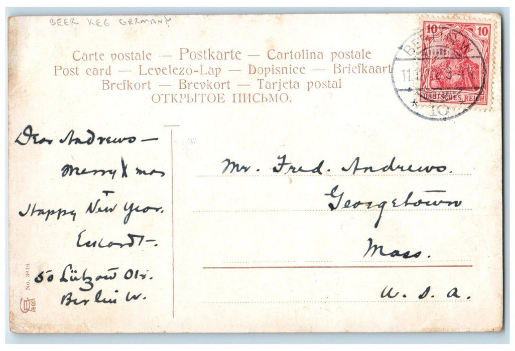 c1910's Boy Drinking Barel Beer Keg Dog Hat Fell Germany Posted Antique Postcard