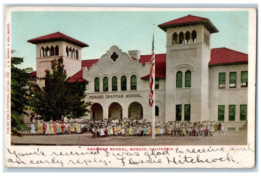 1907 Grammar School Exterior Building Flagpole Field Merced California Postcard