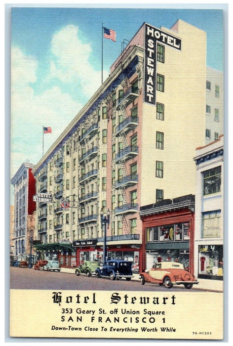 c1940 Hotel Stewart Geary Union Square Stores San Francisco California Postcard