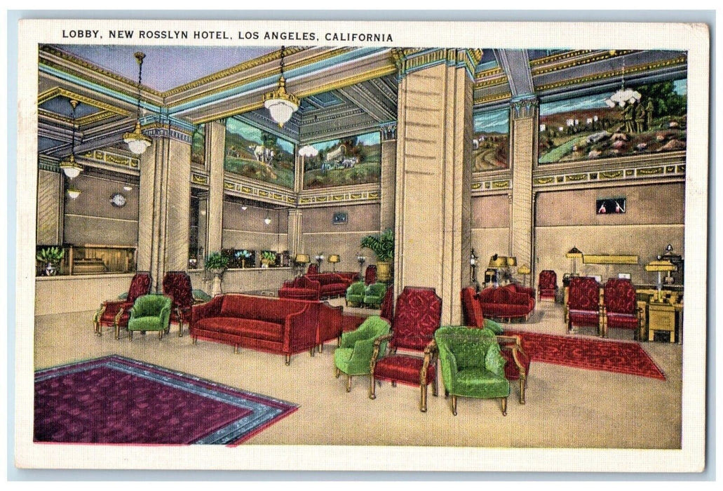 1939 Lobby New Rosslyn Hotel Interior Chandelier Los Angeles California Postcard