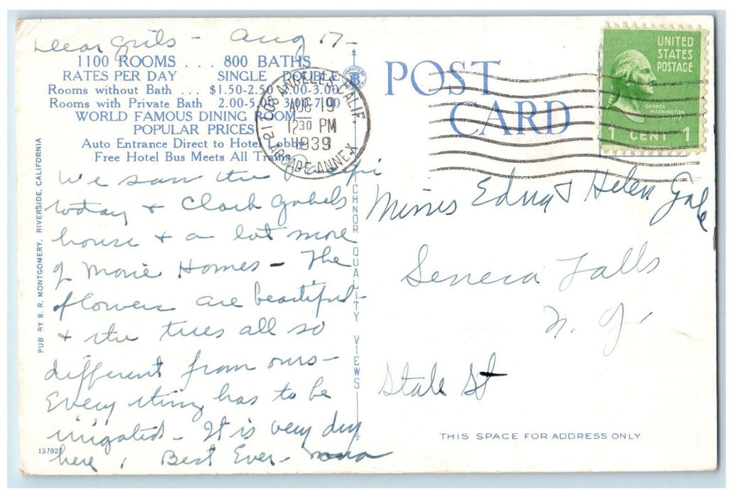 1939 Lobby New Rosslyn Hotel Interior Chandelier Los Angeles California Postcard