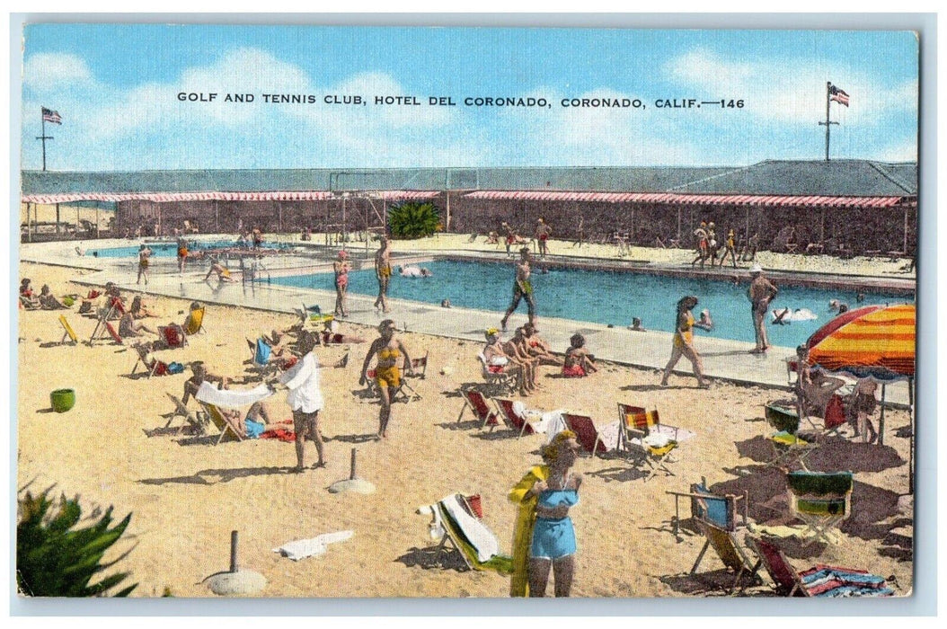 c1940 Golf Tennis Club Sand Swimming Pool Hotel Del Coronado California Postcard