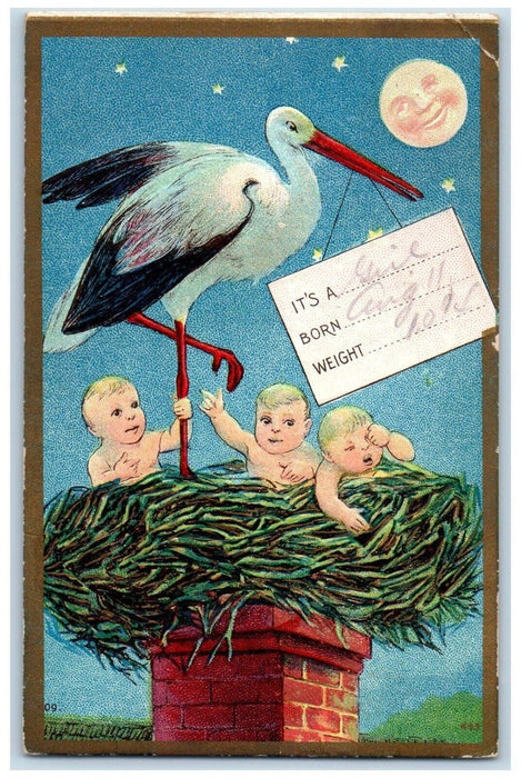 1910 Stork Birth Babies Announcement Embossed San Pedro California CA Postcard