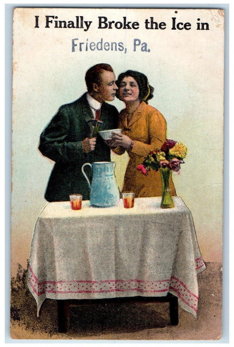 c1910 Finally Broke Ice Couple Vase Table Friedens Pennsylvania Vintage Postcard