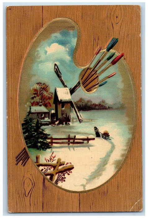 1912 Artist Palette Windmill Winter Morris Pennsylvania PA Embossed Postcard