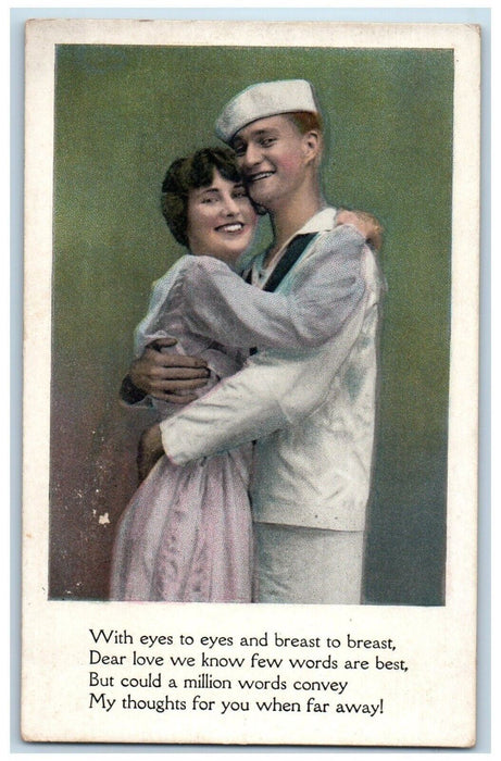 c1910's WWI Navy Sailor Sweet Couple Hugging Unposted Antique Postcard