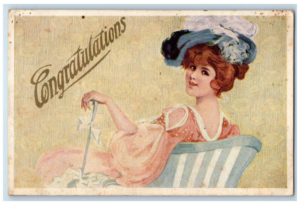 1909 Congratulations Victorian Pretty Girl Big Hat Posted Antique Postcard