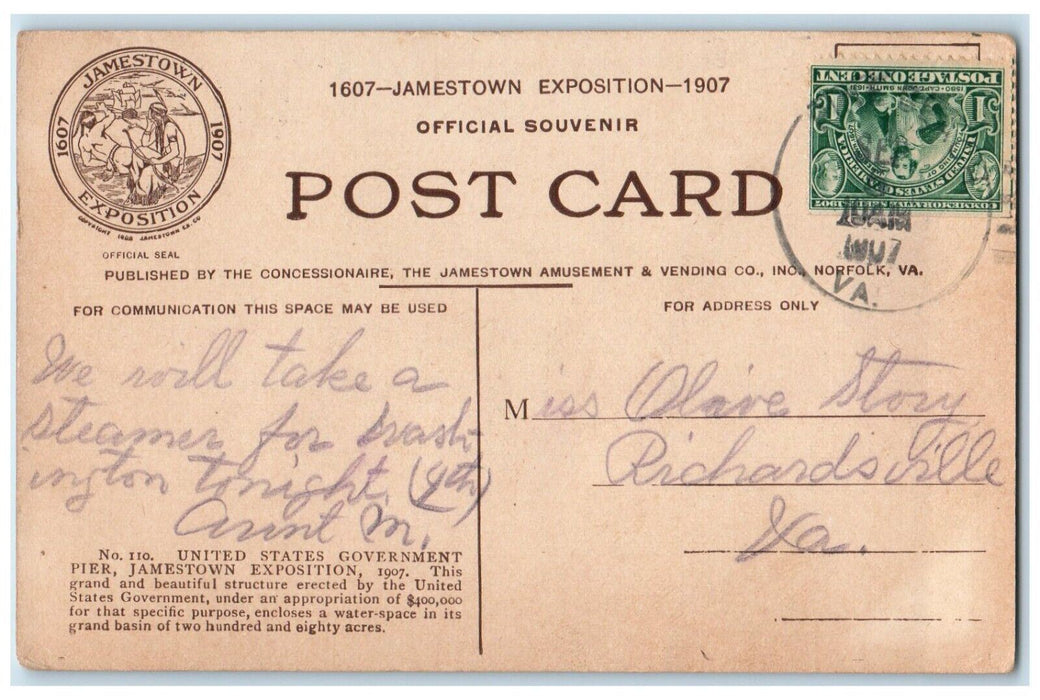 c1907 United States Government Pier Jamestown Exposition Souvenir VA Postcard