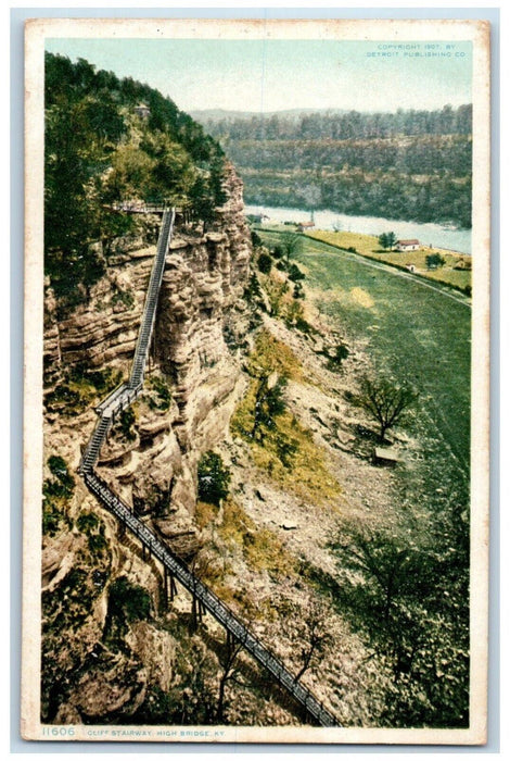 c1910 Cliff Stairway Trees Mountain Field High Bridge Kentucky Phostint Postcard