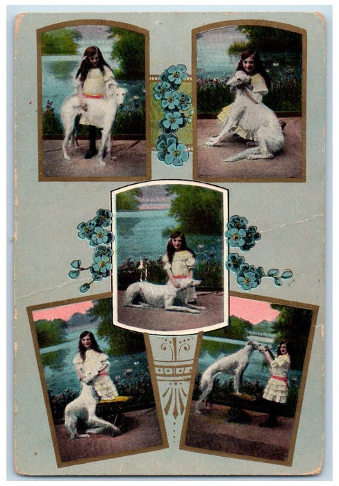 c1910's Girl And Her Dog Photos Pansies Flowers Unposted Antique Postcard