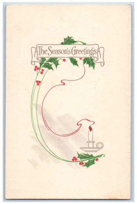 c1910's The Season's Greetings Holly Berries Arts Craft Minimalist Postcard