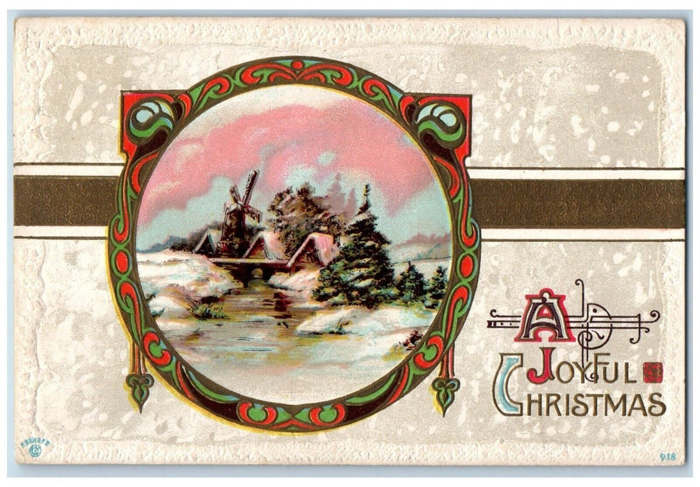 1912 Christmas Winter Windmill Hut Pine Tree Embossed Antique Posted Postcard