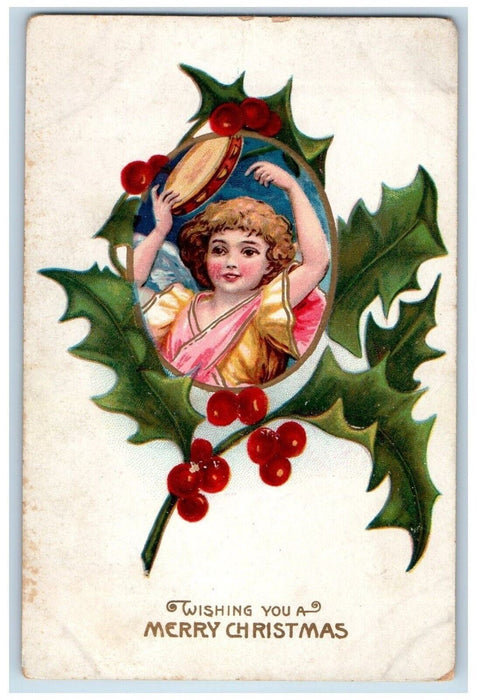 c1910's Christmas Girl Tambourine Holly Berries Embossed Posted Antique Postcard